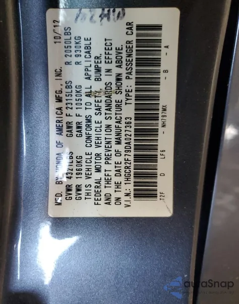 2013 Honda Accord Ex from USA, damaged, VIN 1HGCR2F79DA027363